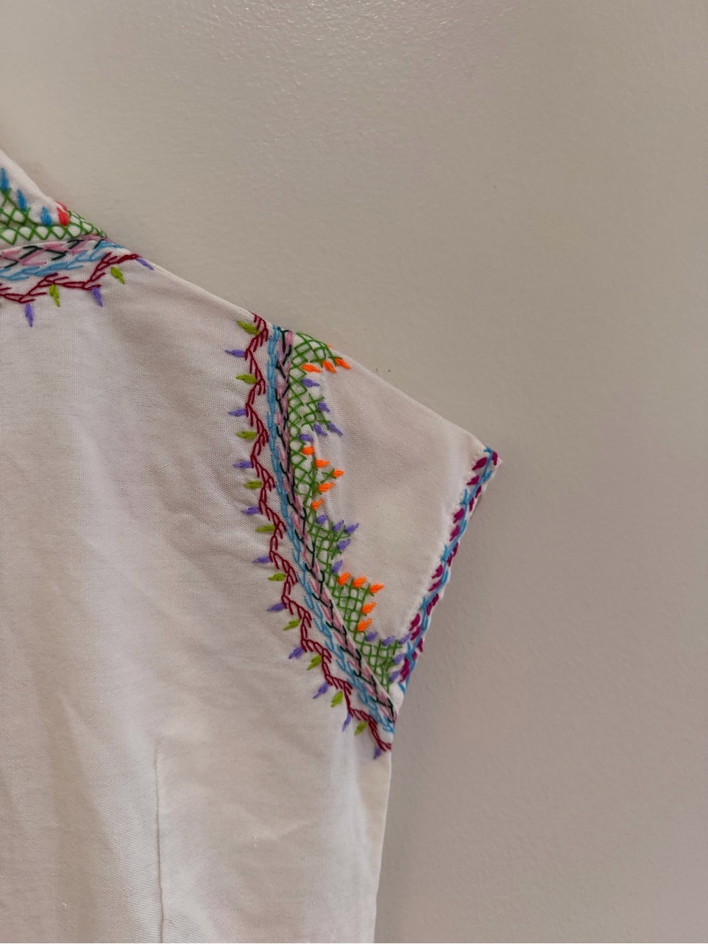 Hand-Embroidered White Boho Fringe Tunic Dress with Colorful Stitching small - Picture 6 of 15